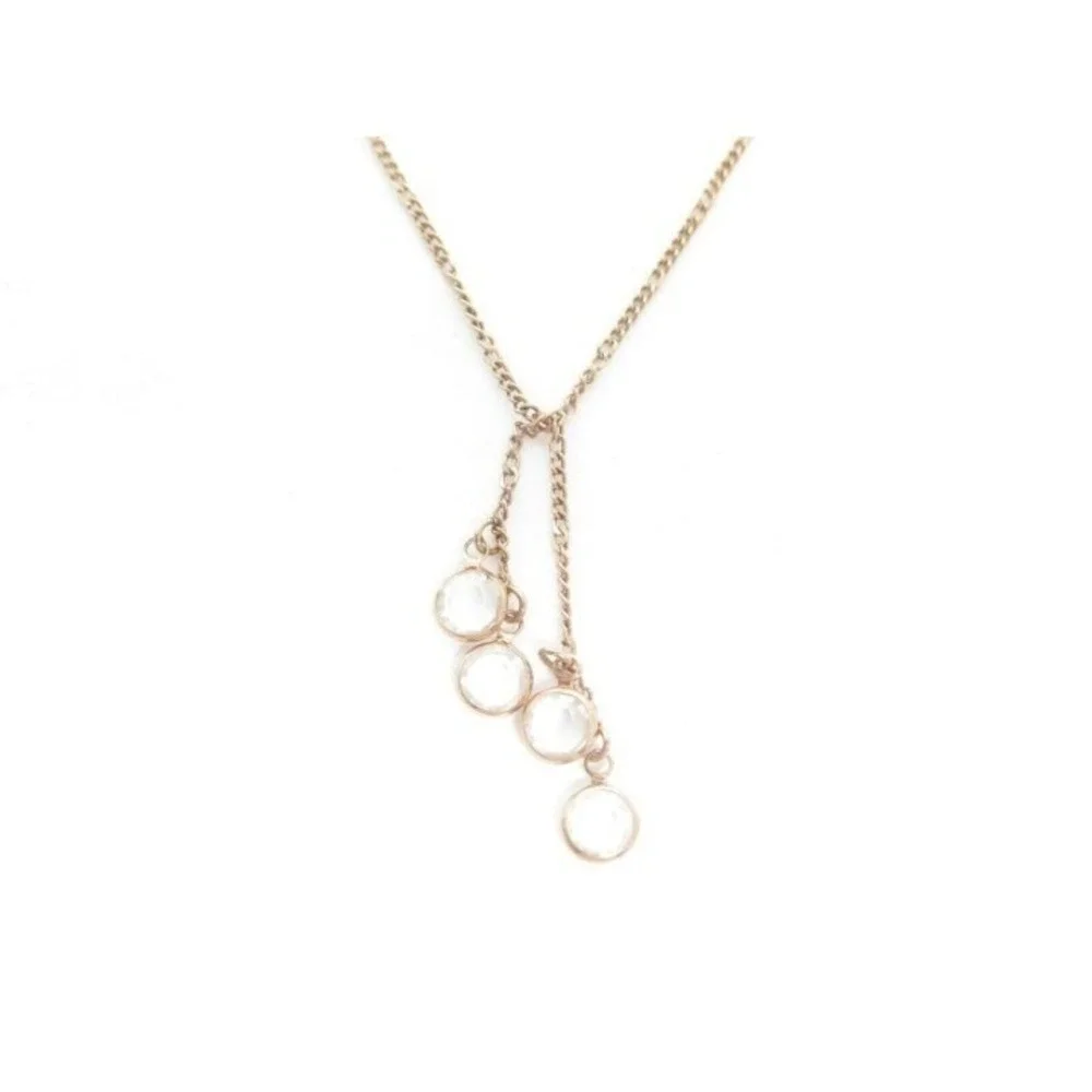 VINTAGE BEZEL SET CLEAR CRYSTAL DANGLE LARIAT STYLE‎ NECKLACE SIGNED AVON